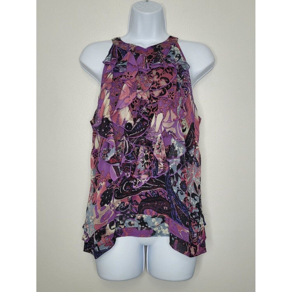 Y2k ECI purple abstract grunge print ruffle high neck going out top size 8